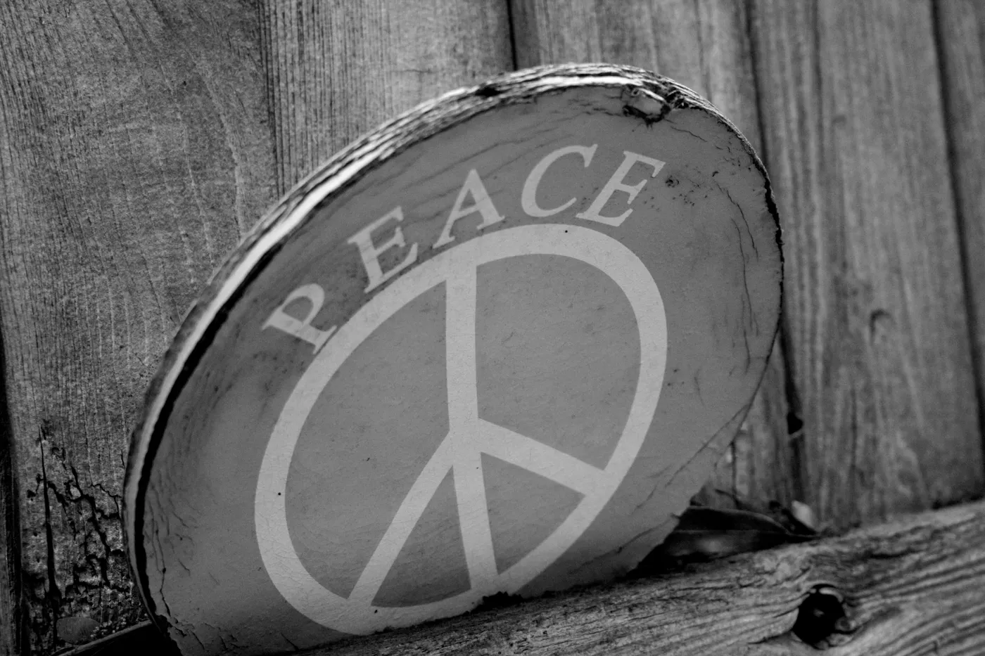 A round stone painted with a peace symbol, leaning against a weathered wooden fence, black and white photograph